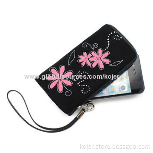 Velvet Zipper Bag for iPhone 4 with Quality Zipper Slider and Lanyard, Comes in Black